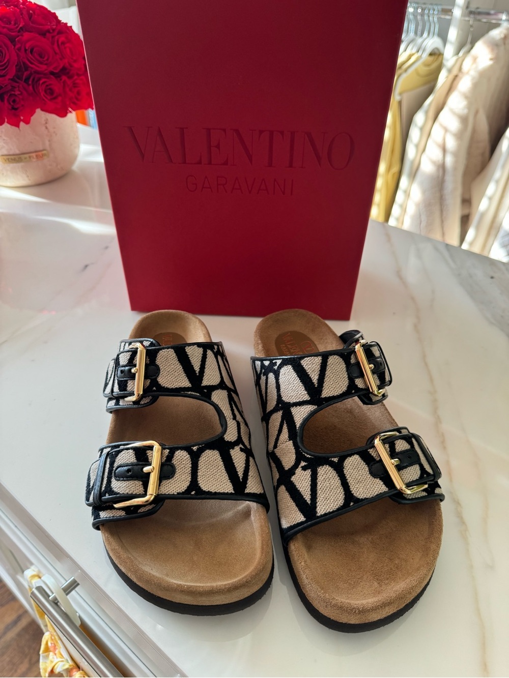 Valentino Garavani Black & Cream Monogram Double Buckle Sandals
